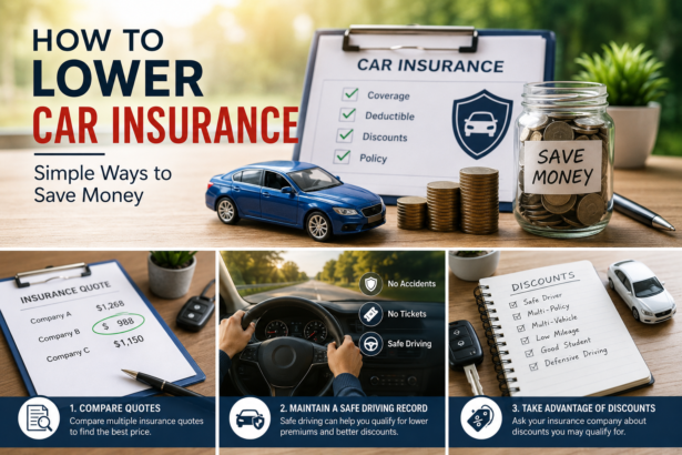 Car insurance policy with a vehicle and savings concept representing ways to lower car insurance costs