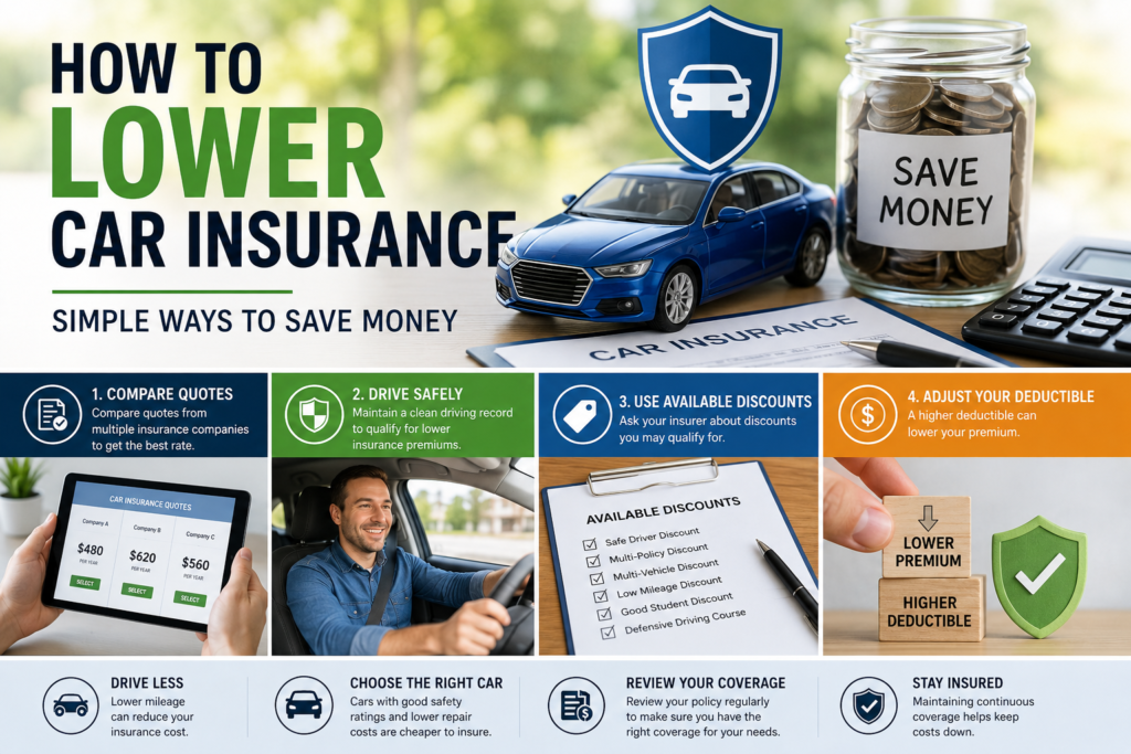Car insurance savings tips including safe driving, discounts, lower mileage, and appropriate coverage