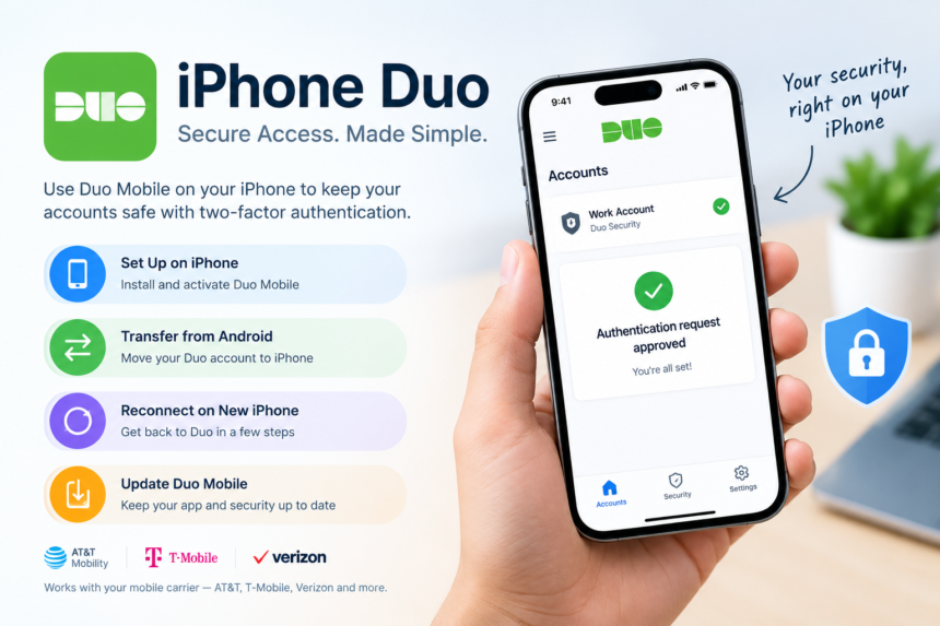 iPhone Duo Mobile app showing secure setup, Android-to-iPhone transfer, account reconnection, and app updates